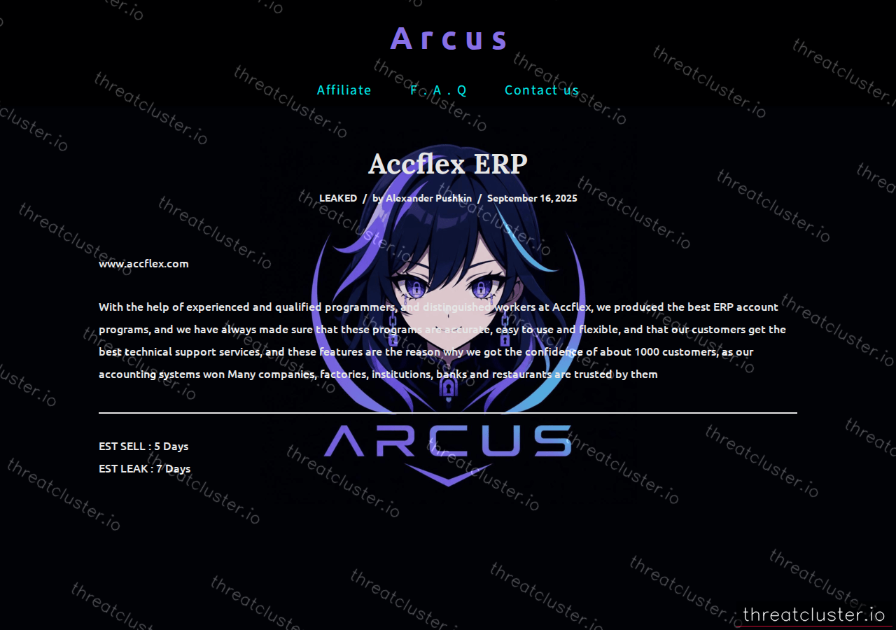 Leak-site post naming Accflex ERP, captured by ThreatCluster