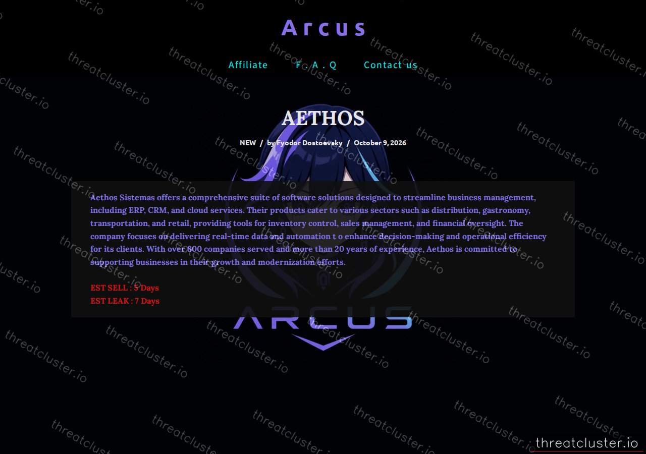Leak-site post naming AETHOS, captured by ThreatCluster