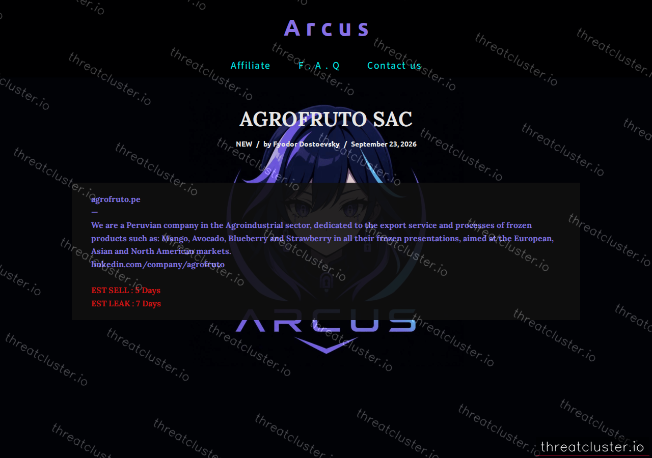 Leak-site post naming AGROFRUTO SAC, captured by ThreatCluster
