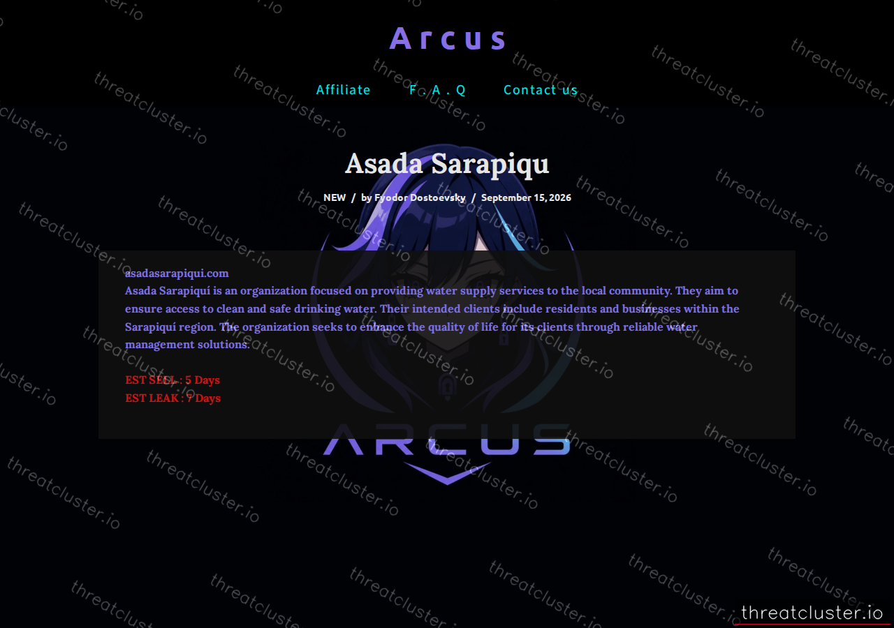 Leak-site post naming Asada Sarapiqu, captured by ThreatCluster