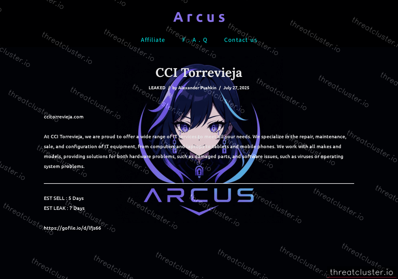 Leak-site post naming CCI Torrevieja, captured by ThreatCluster