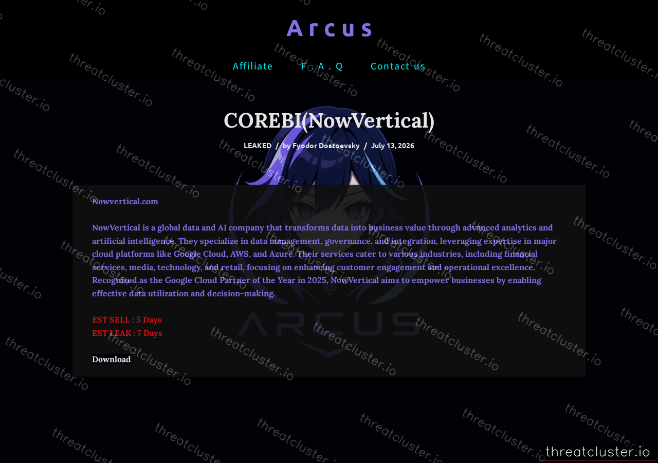 Leak-site post naming COREBI(NowVertical), captured by ThreatCluster