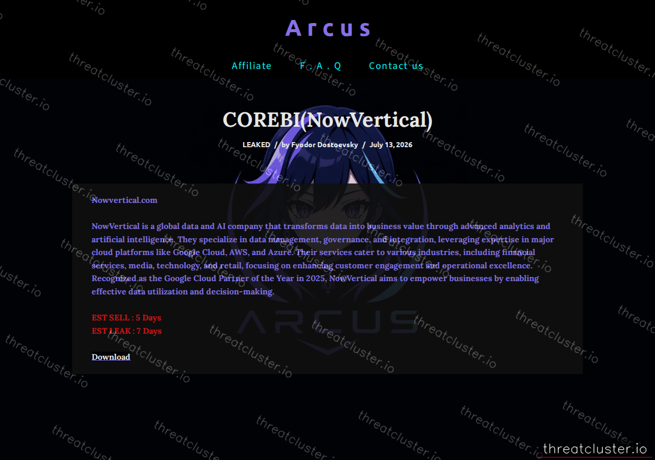 Leak-site post naming COREBI(NowVertical), captured by ThreatCluster