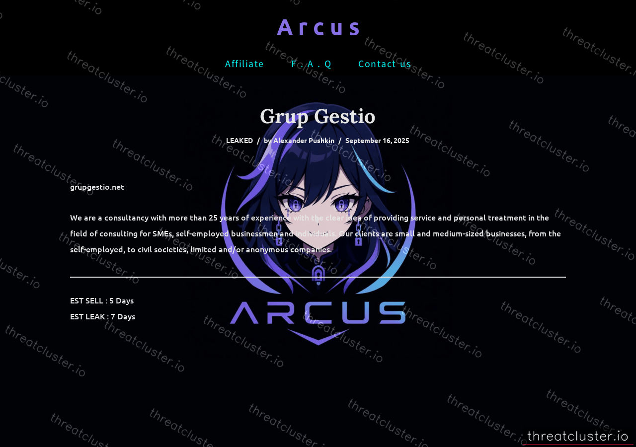 Leak-site post naming Grup Gestio, captured by ThreatCluster