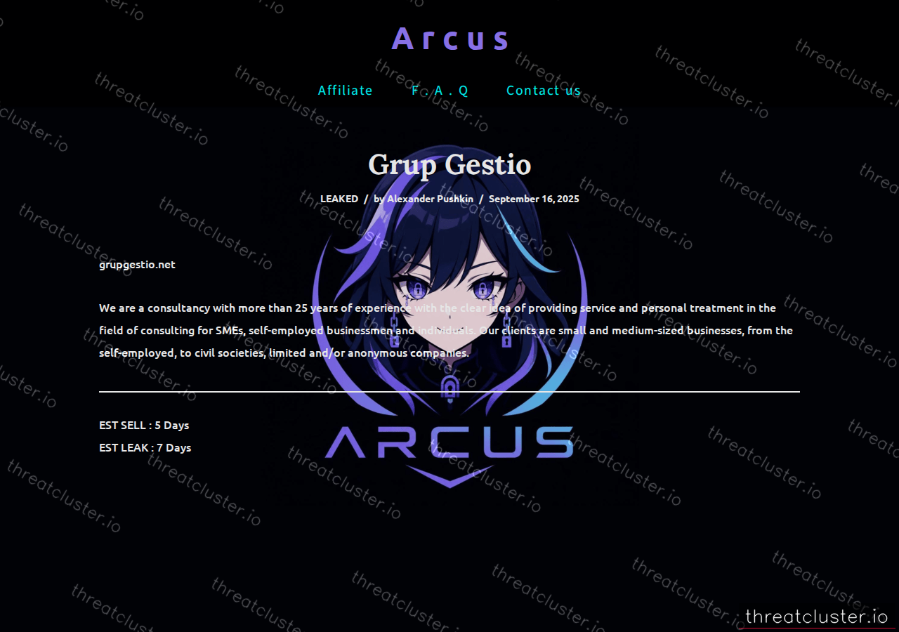 Leak-site post naming Grup Gestio, captured by ThreatCluster