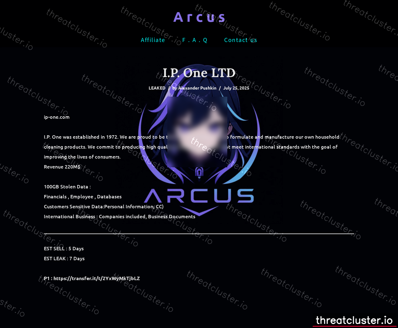 Leak-site post naming I.P. One LTD, captured by ThreatCluster