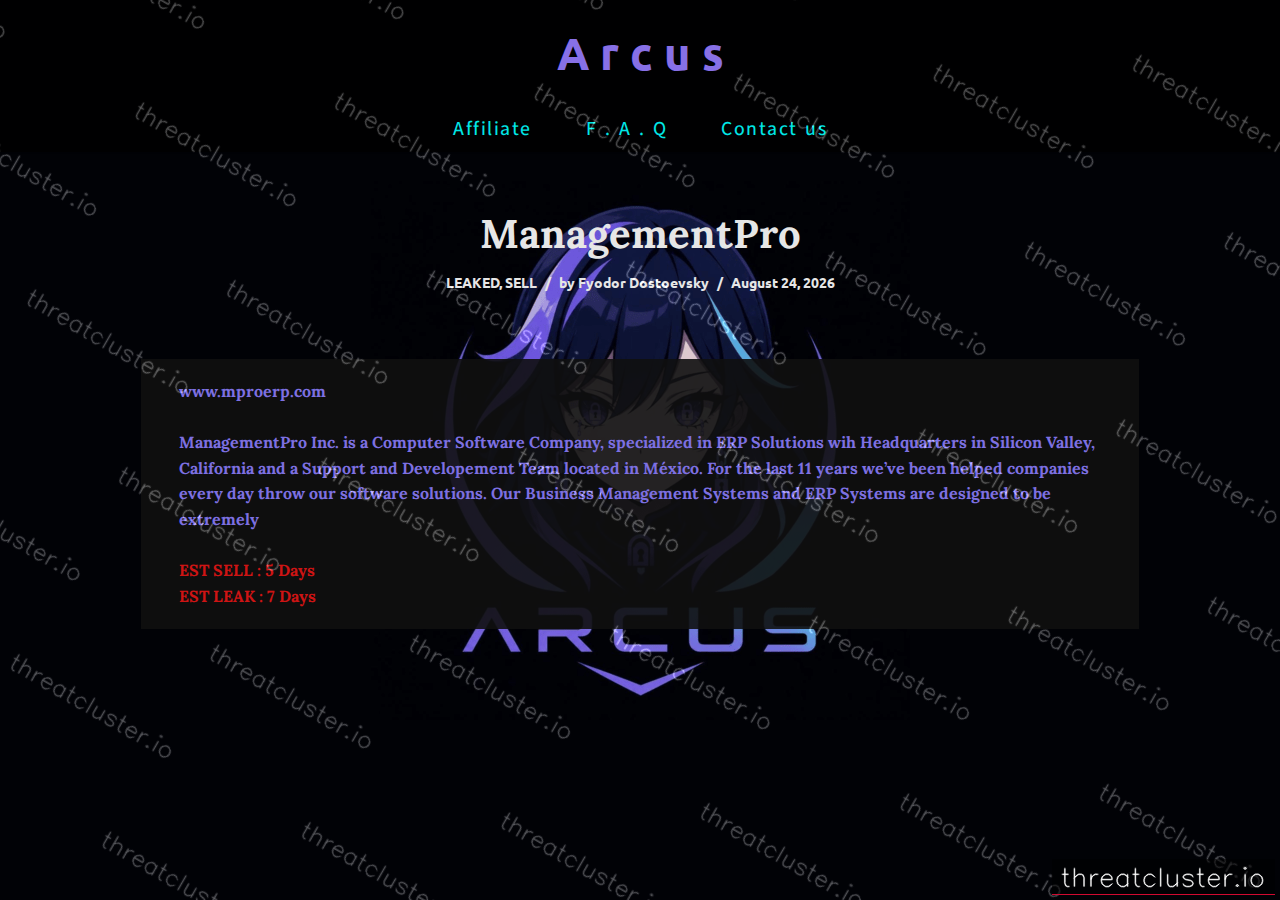 Leak-site post naming ManagementPro, captured by ThreatCluster