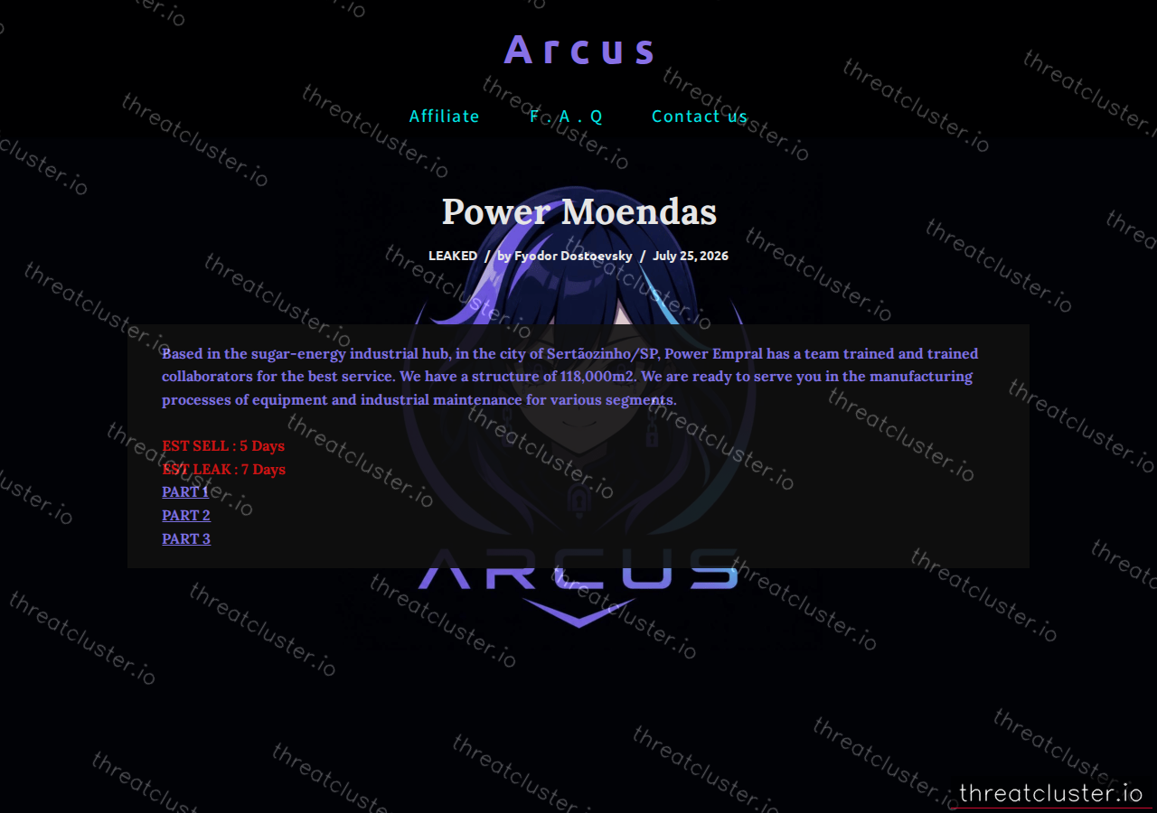 Leak-site post naming Power Moendas, captured by ThreatCluster