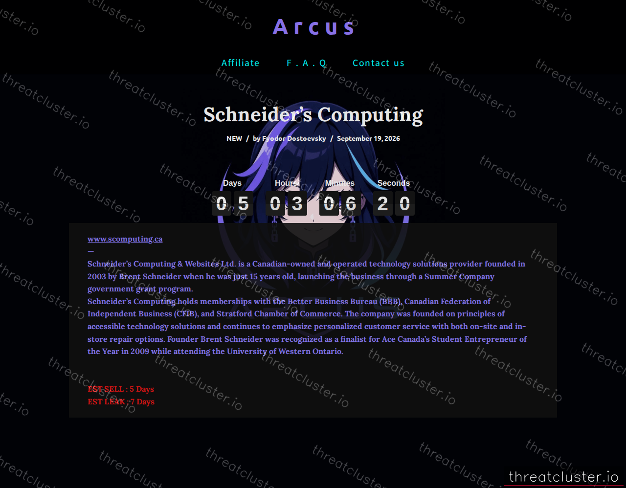 Leak-site post naming Schneider’s Computing, captured by ThreatCluster