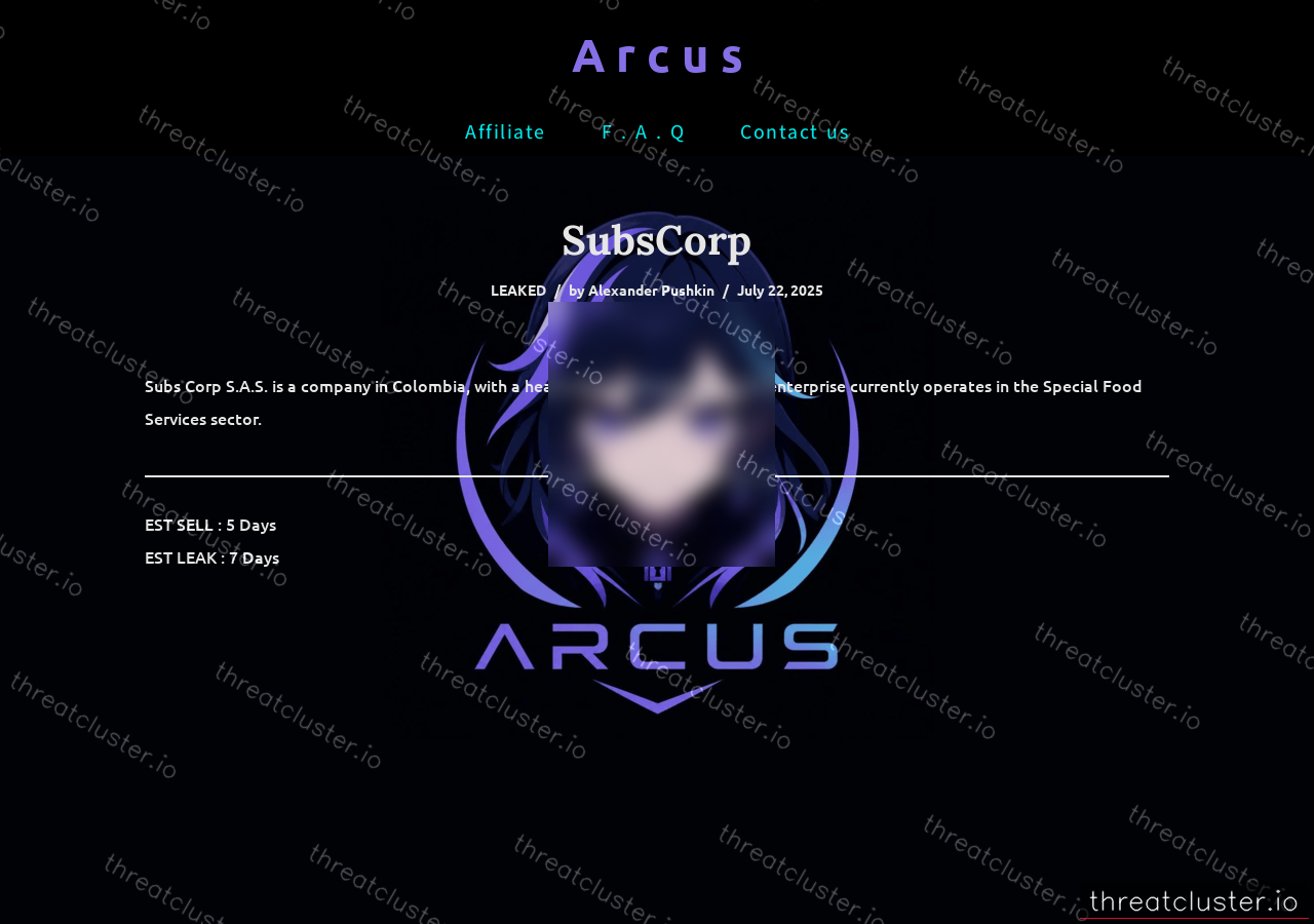 Leak-site post naming SubsCorp, captured by ThreatCluster
