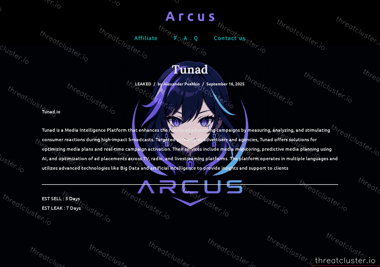 Leak-site post naming Tunad, captured by ThreatCluster