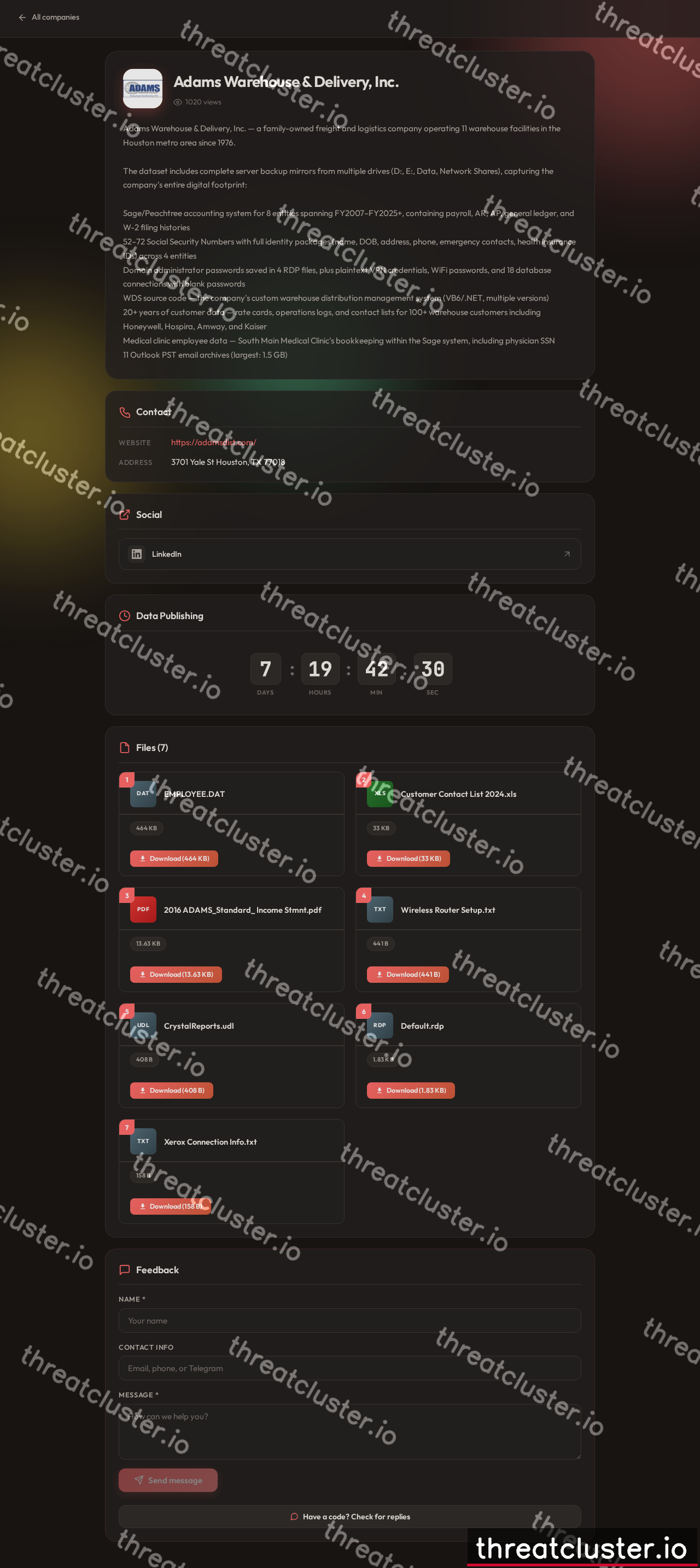 Leak-site post naming Adams Warehouse & Delivery, Inc., captured by ThreatCluster