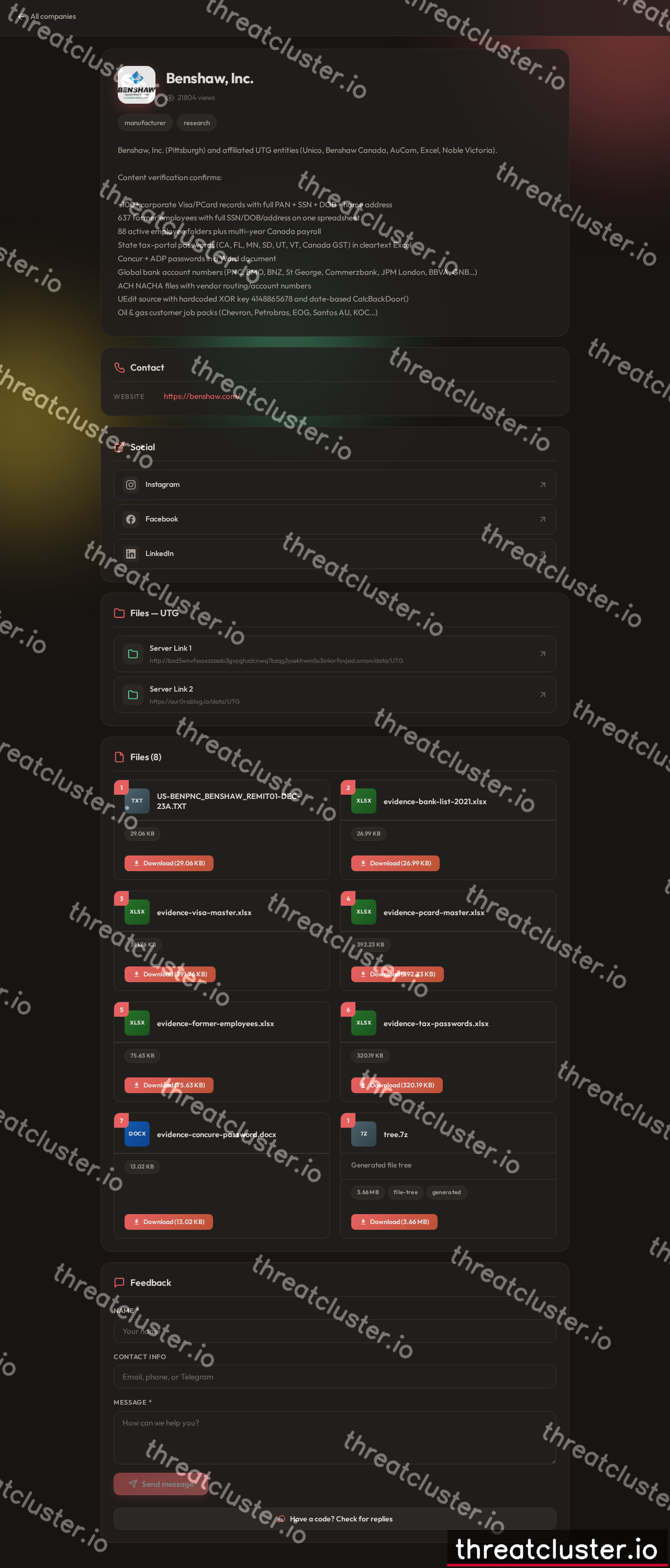 Leak-site post naming Benshaw, Inc., captured by ThreatCluster