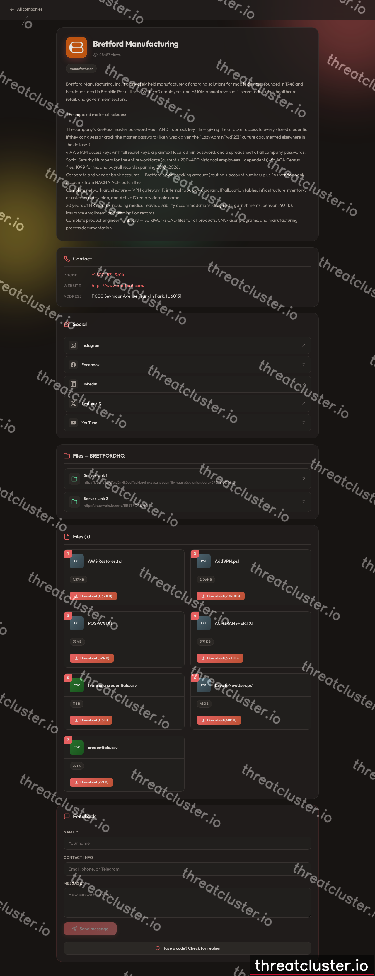 Leak-site post naming Bretford Manufacturing, captured by ThreatCluster