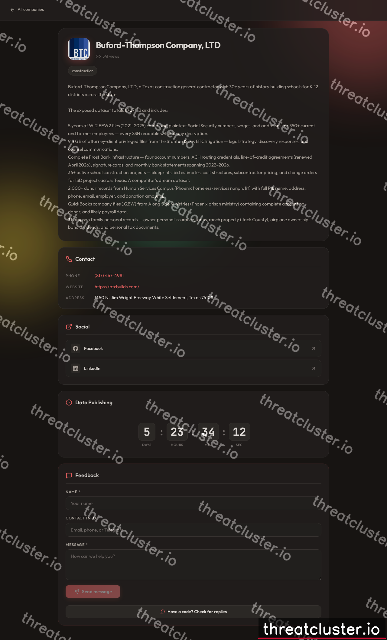 Leak-site post naming Buford-Thompson Company, LTD, captured by ThreatCluster