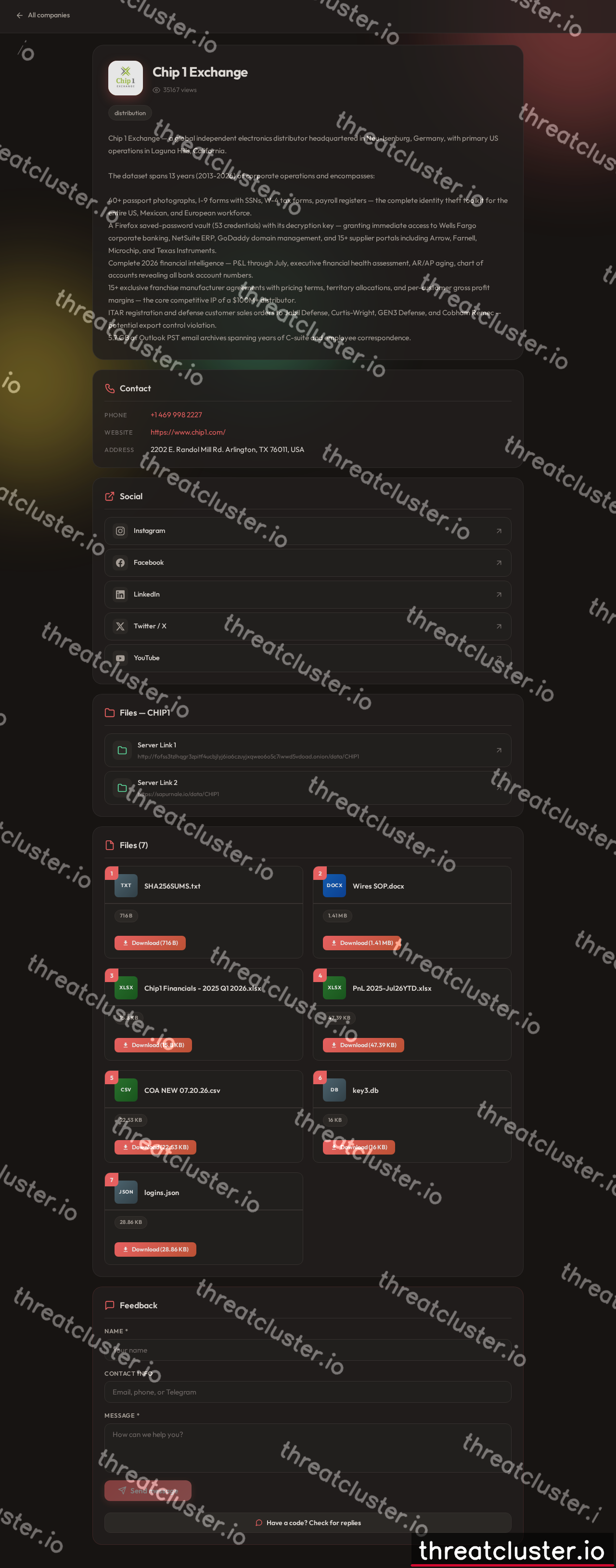 Leak-site post naming Chip 1 Exchange, captured by ThreatCluster
