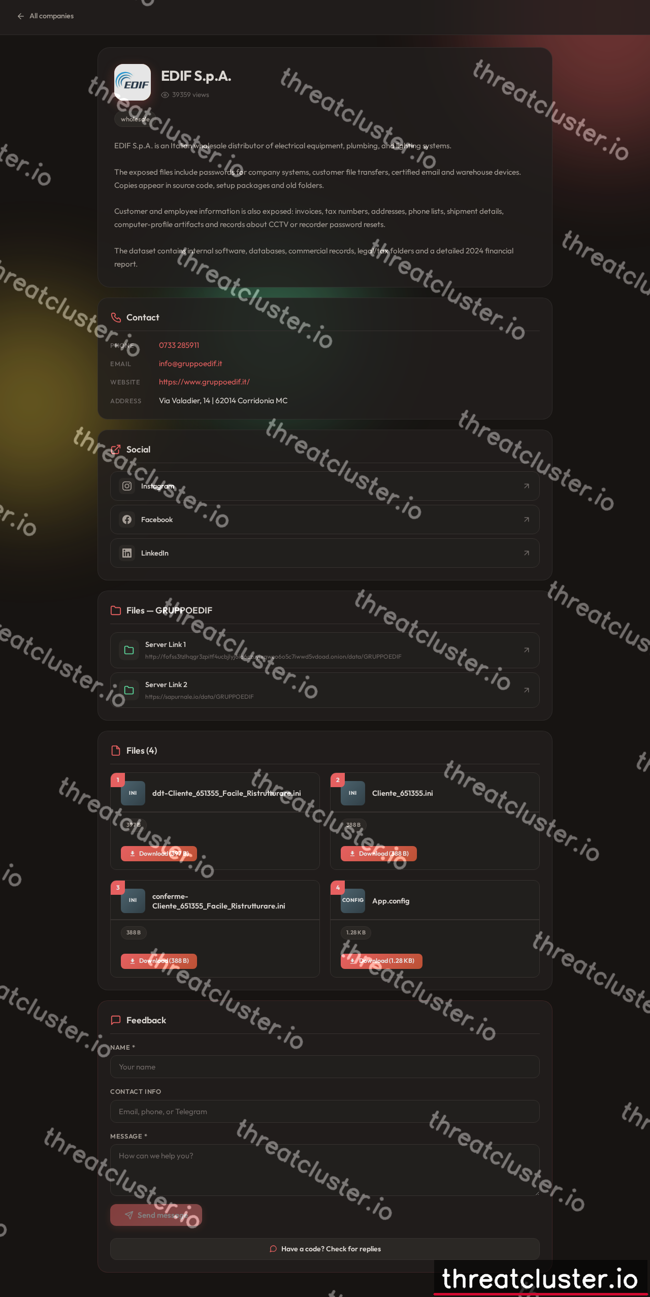 Leak-site post naming EDIF S.p.A., captured by ThreatCluster