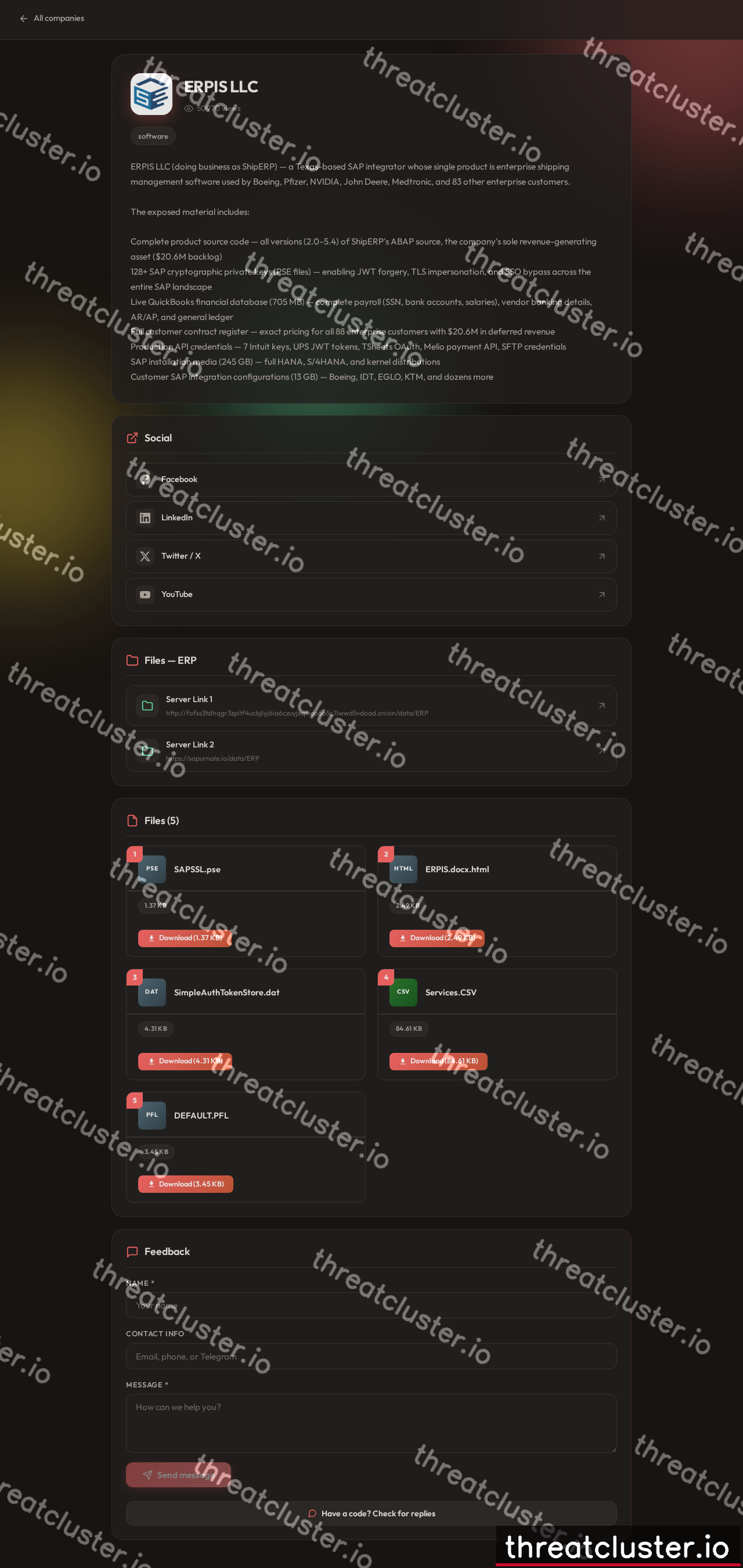 Leak-site post naming ERPIS LLC, captured by ThreatCluster