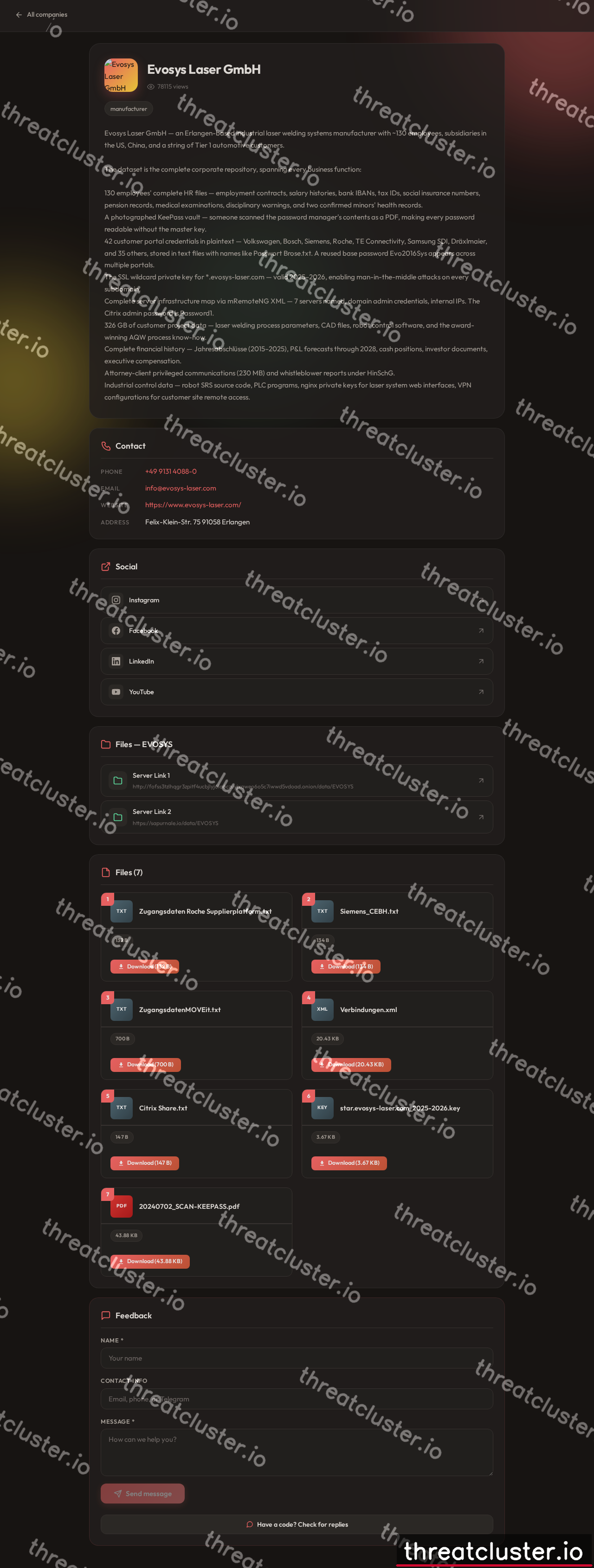 Leak-site post naming Evosys Laser GmbH, captured by ThreatCluster