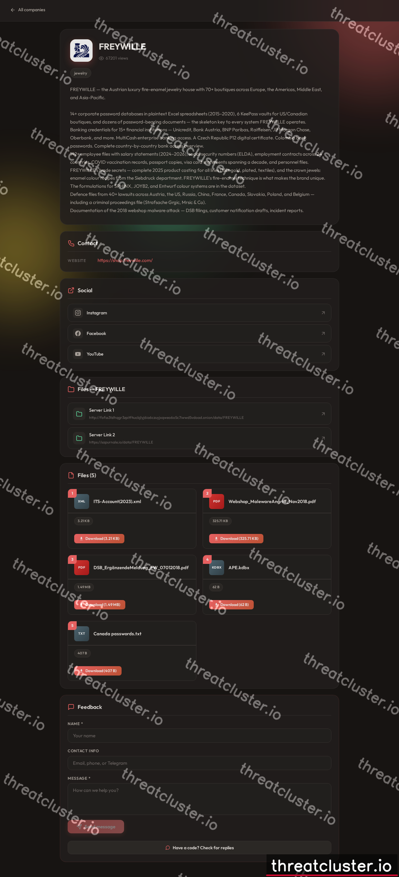 Leak-site post naming FREYWILLE, captured by ThreatCluster