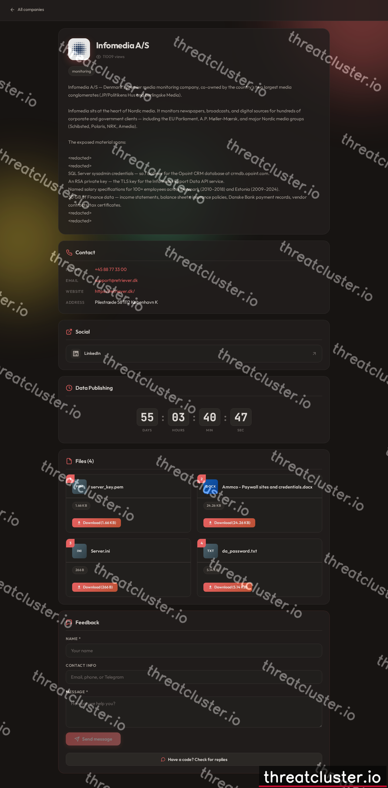 Leak-site post naming Infomedia A/S, captured by ThreatCluster