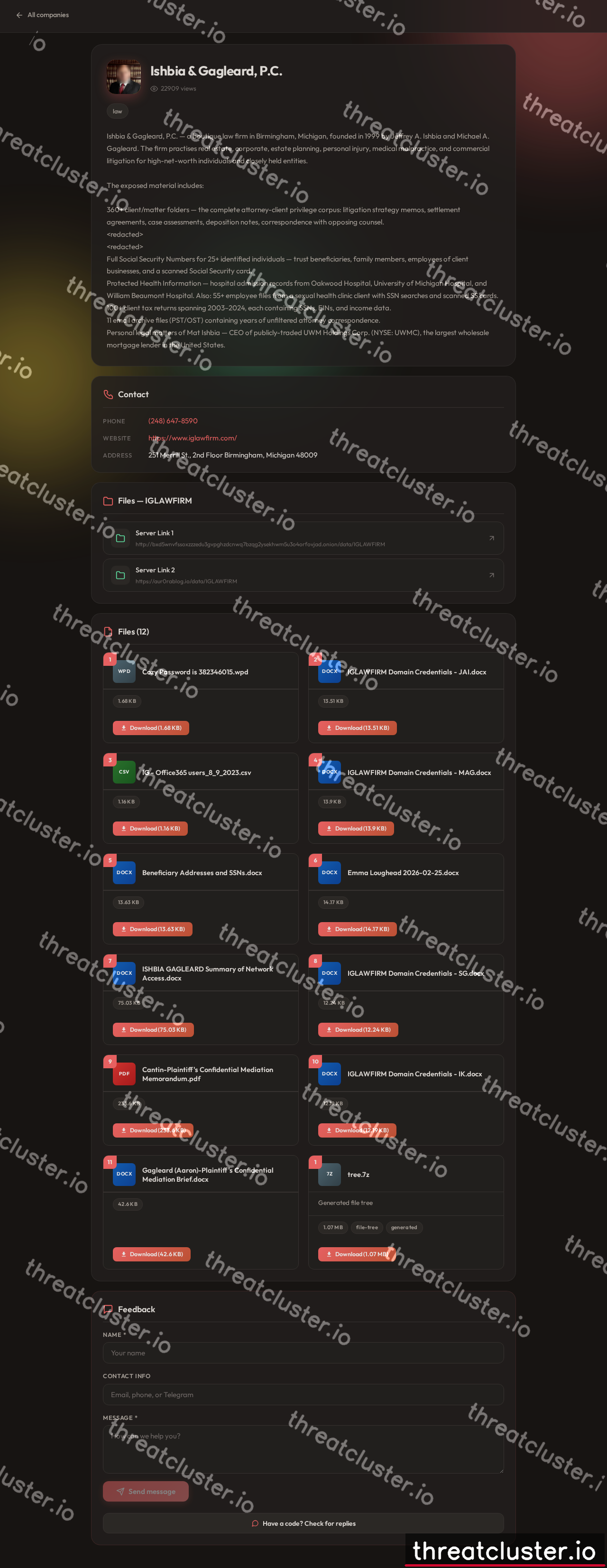 Leak-site post naming Ishbia & Gagleard, P.C., captured by ThreatCluster