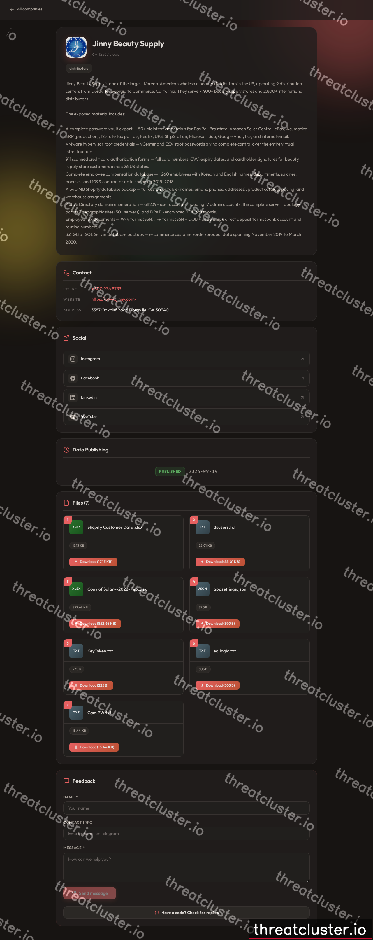 Leak-site post naming Jinny Beauty Supply, captured by ThreatCluster
