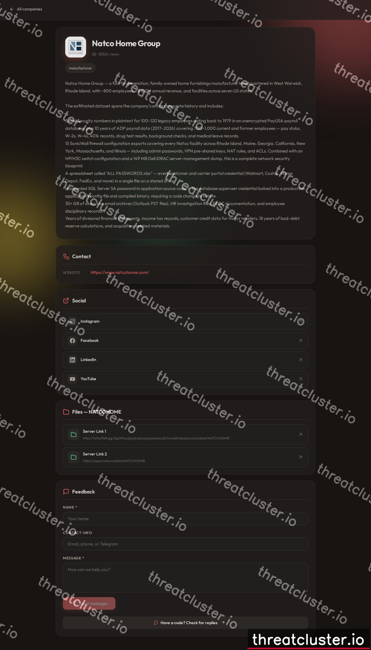 Leak-site post naming Natco Home Group, captured by ThreatCluster