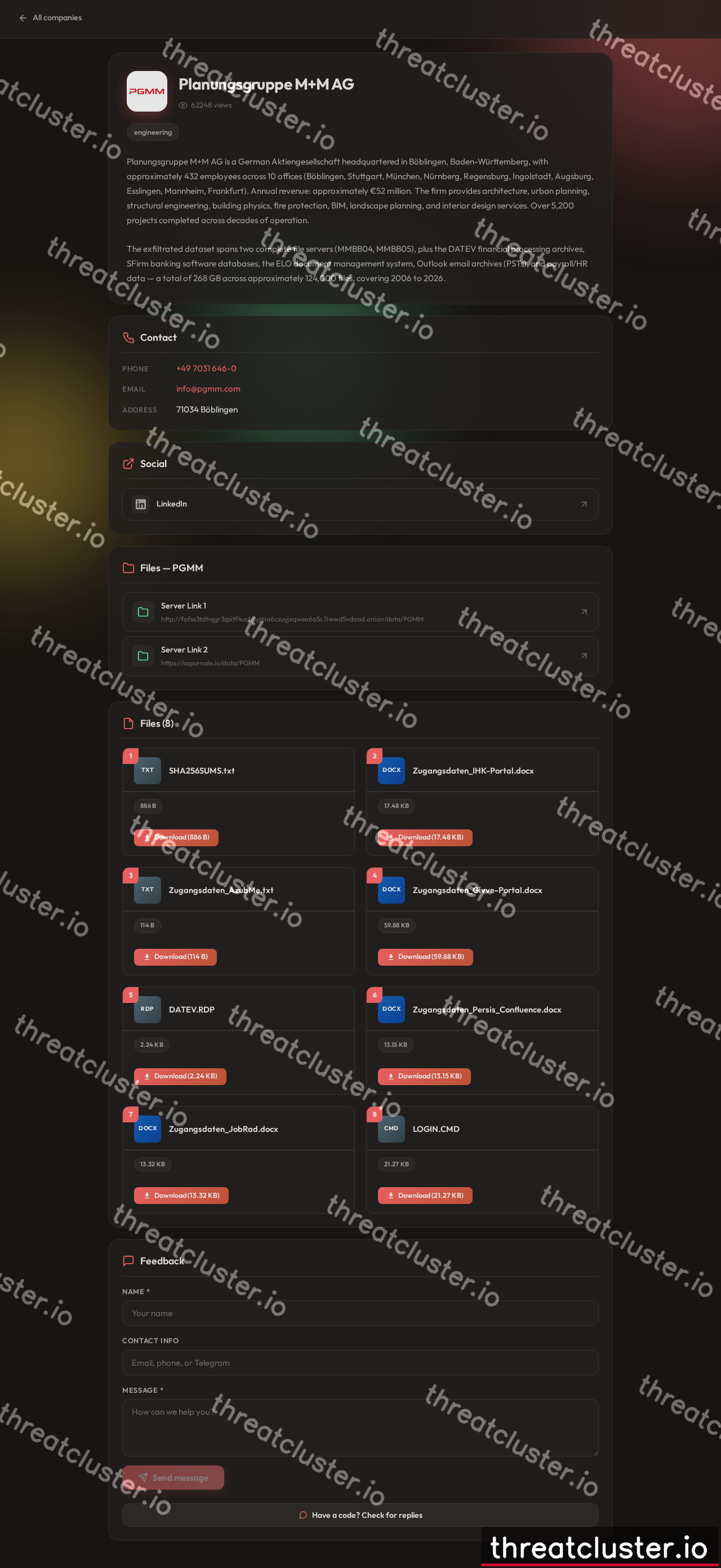 Leak-site post naming Planungsgruppe M+M AG, captured by ThreatCluster
