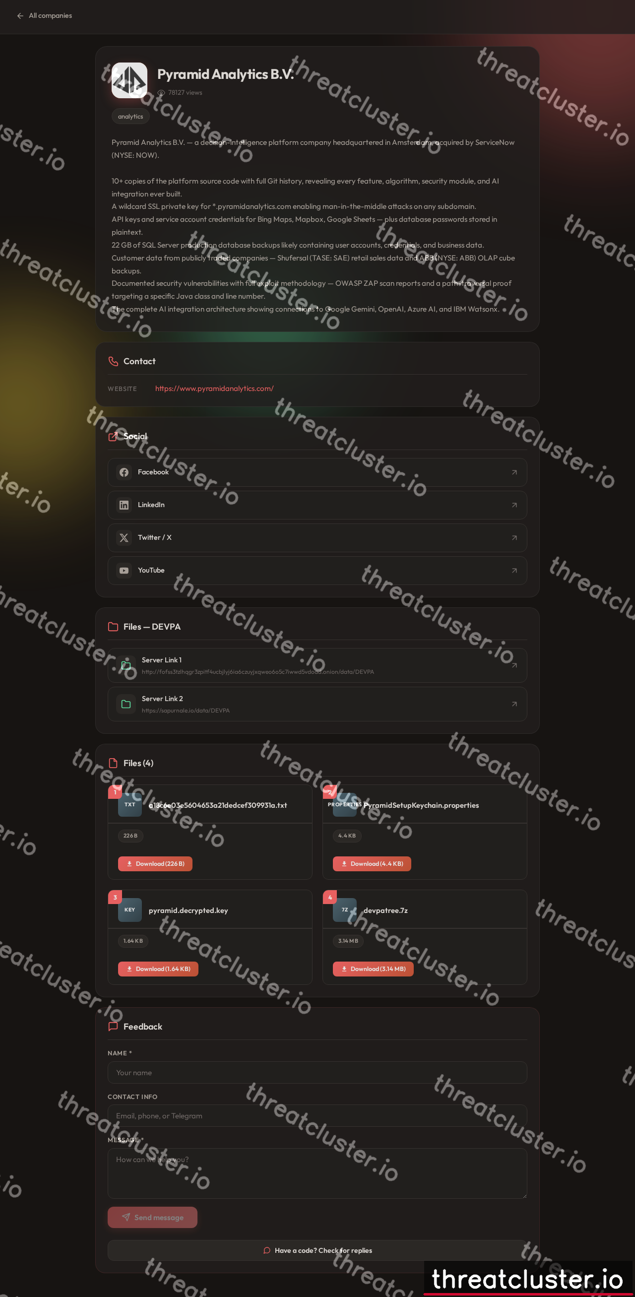 Leak-site post naming Pyramid Analytics B.V., captured by ThreatCluster