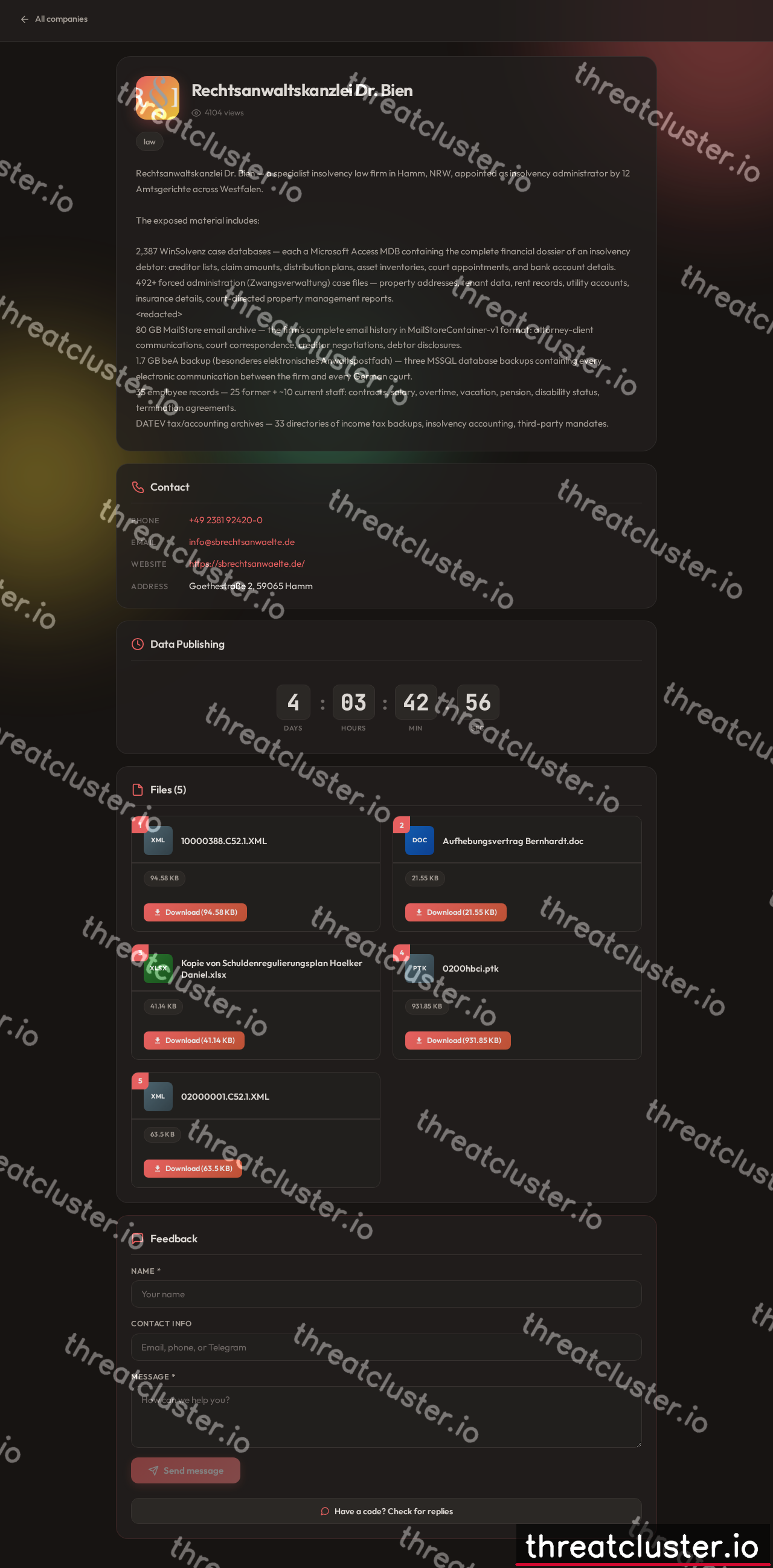 Leak-site post naming Rechtsanwaltskanzlei Dr. Bien, captured by ThreatCluster
