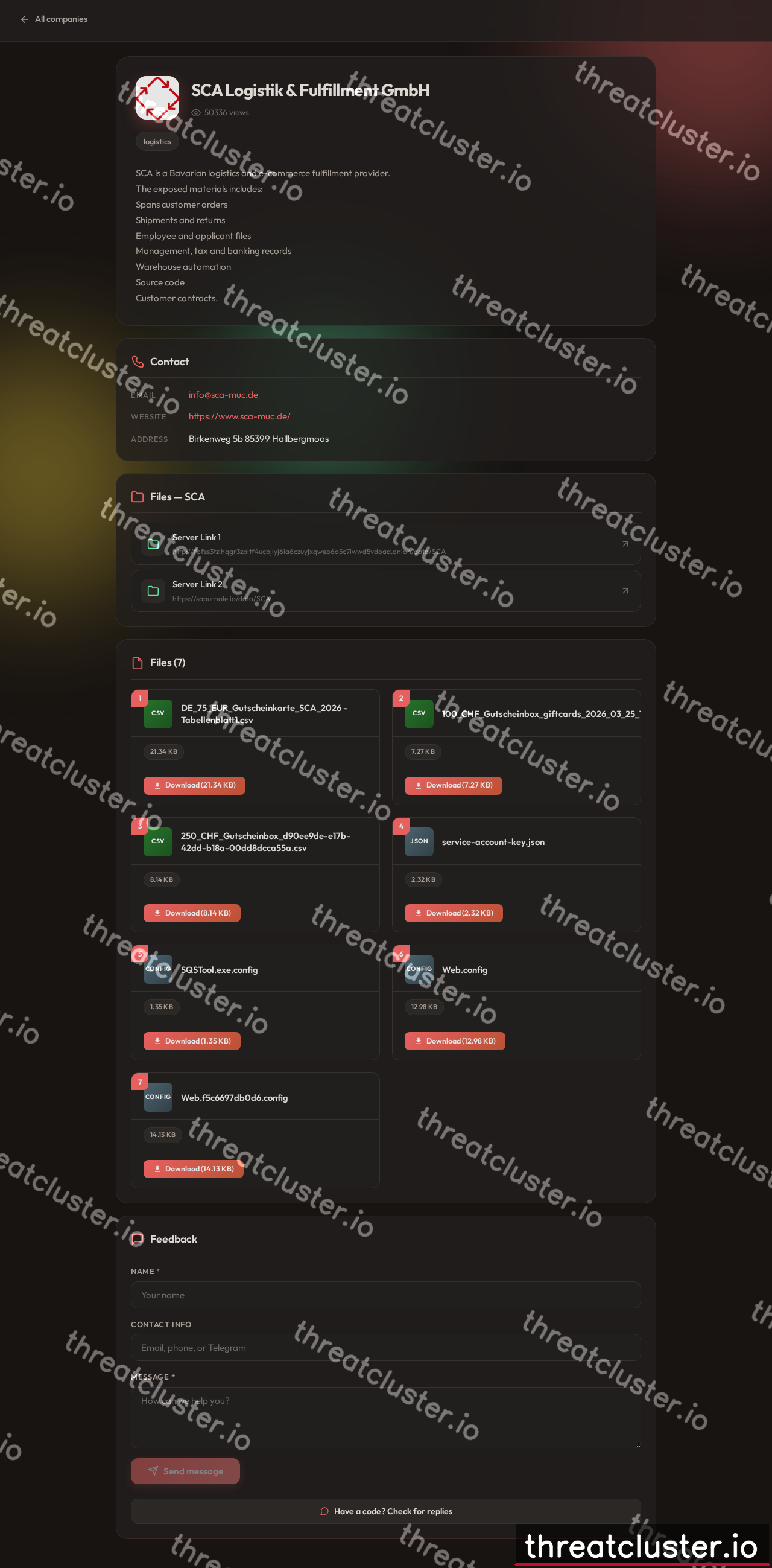 Leak-site post naming SCA Logistik & Fulfillment GmbH, captured by ThreatCluster