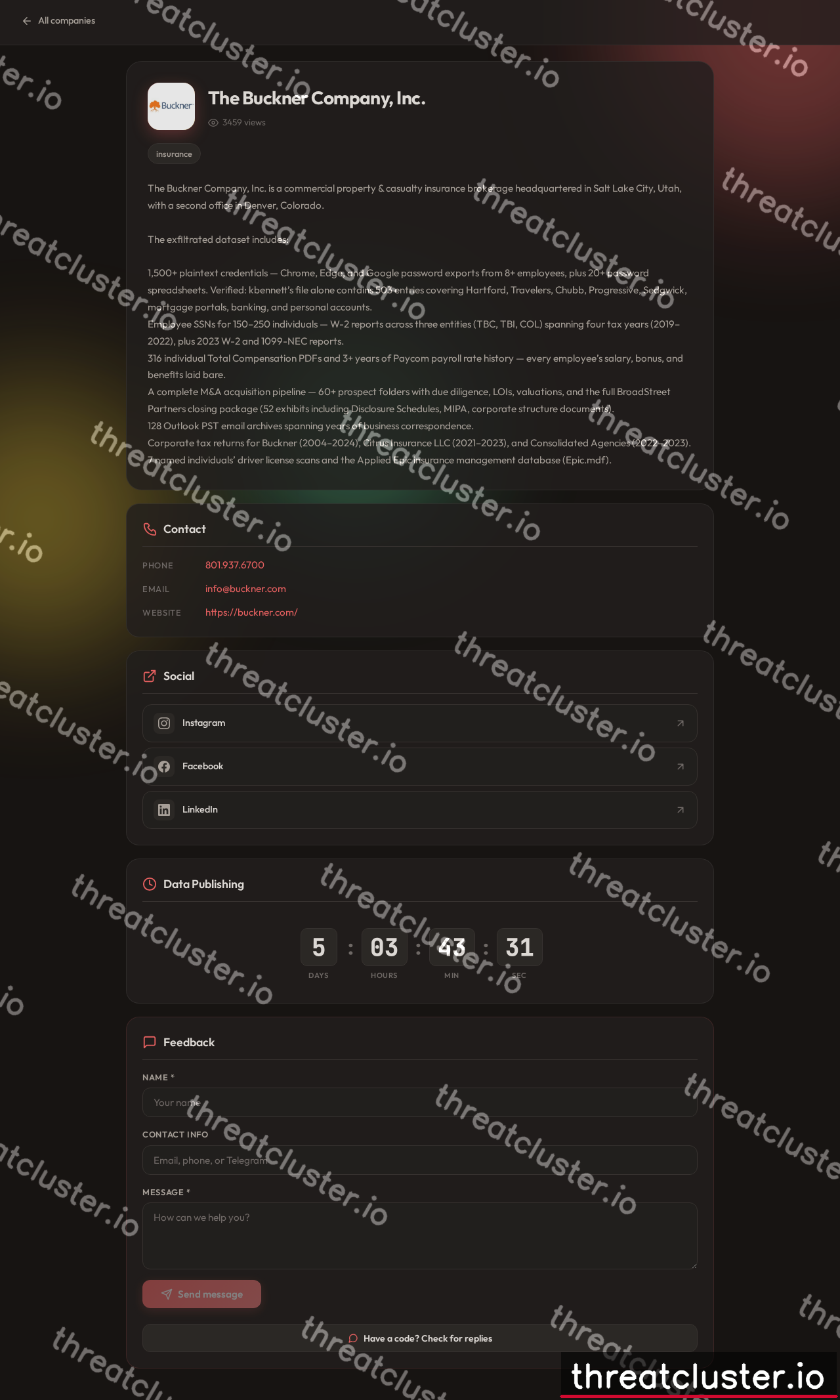 Leak-site post naming The Buckner Company, Inc., captured by ThreatCluster