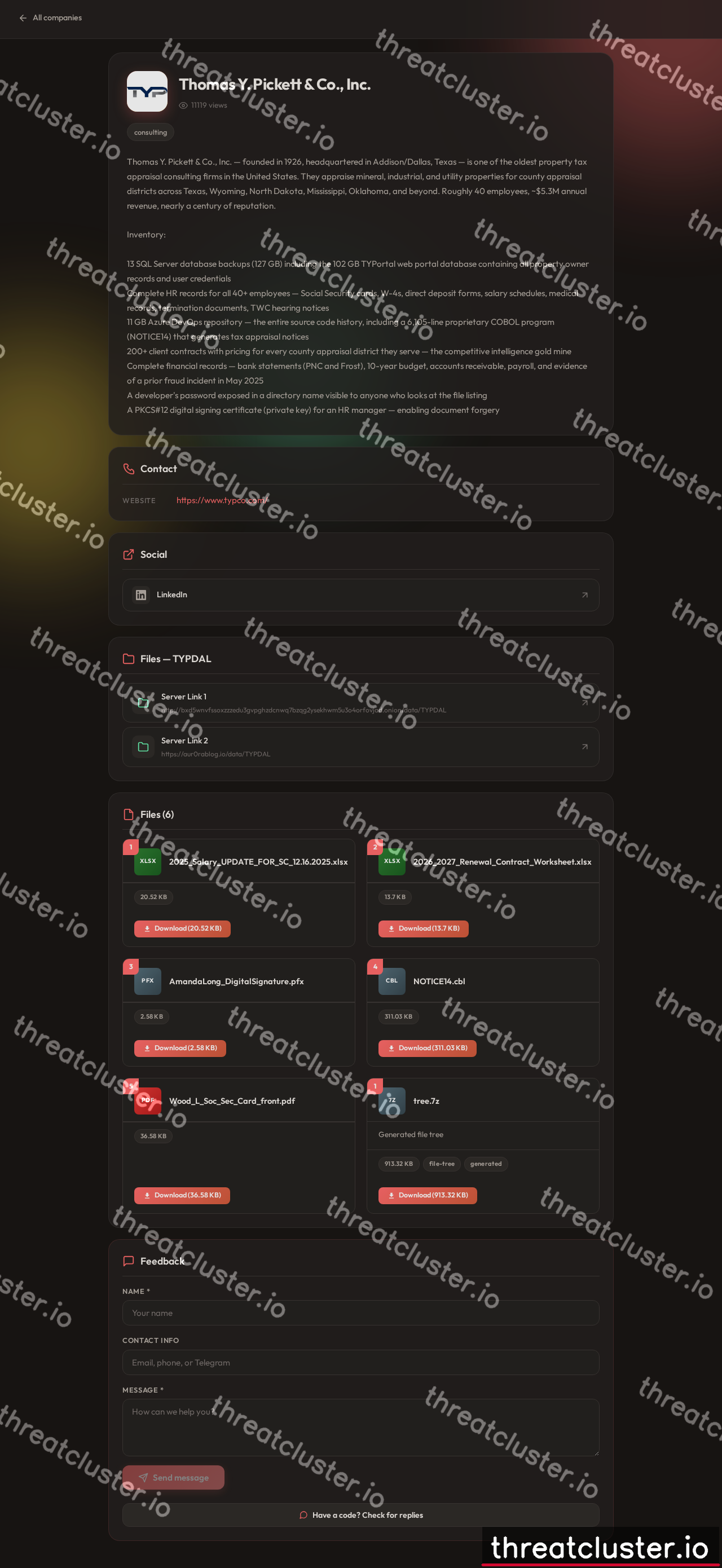 Leak-site post naming Thomas Y. Pickett & Co., Inc., captured by ThreatCluster