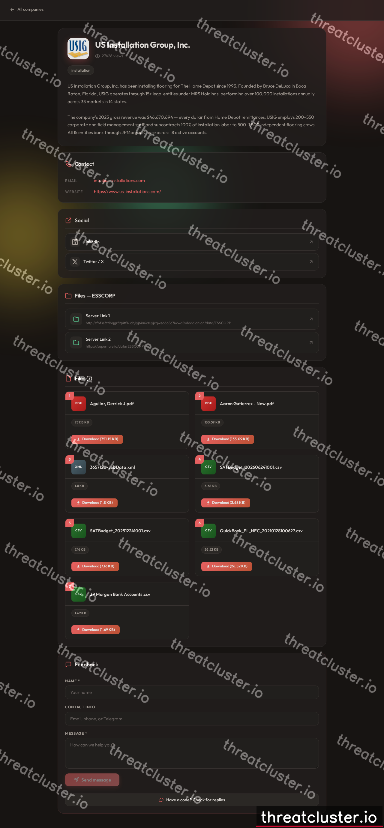 Leak-site post naming US Installation Group, Inc., captured by ThreatCluster