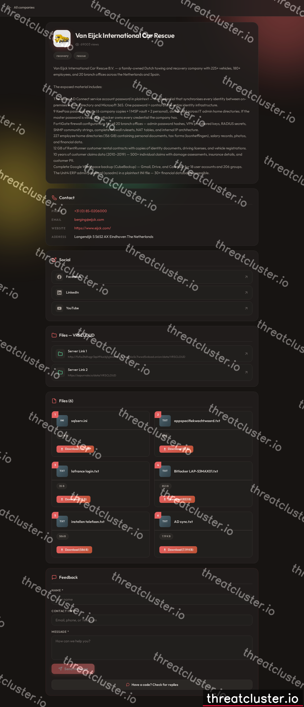 Leak-site post naming Van Eijck International Car Rescue, captured by ThreatCluster