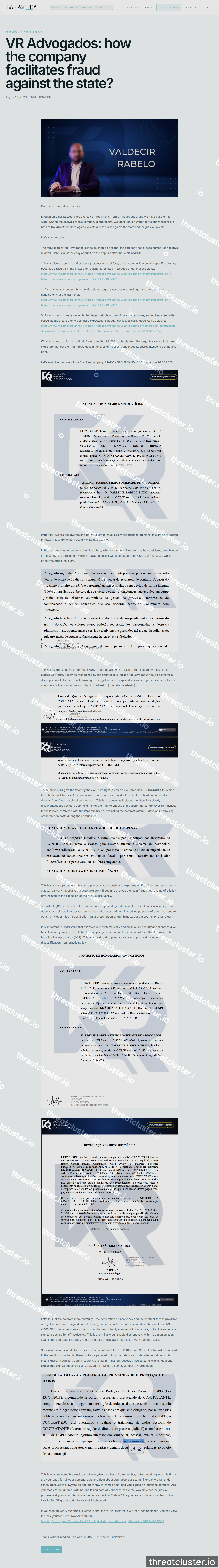 Leak-site post naming VR Advogados, captured by ThreatCluster