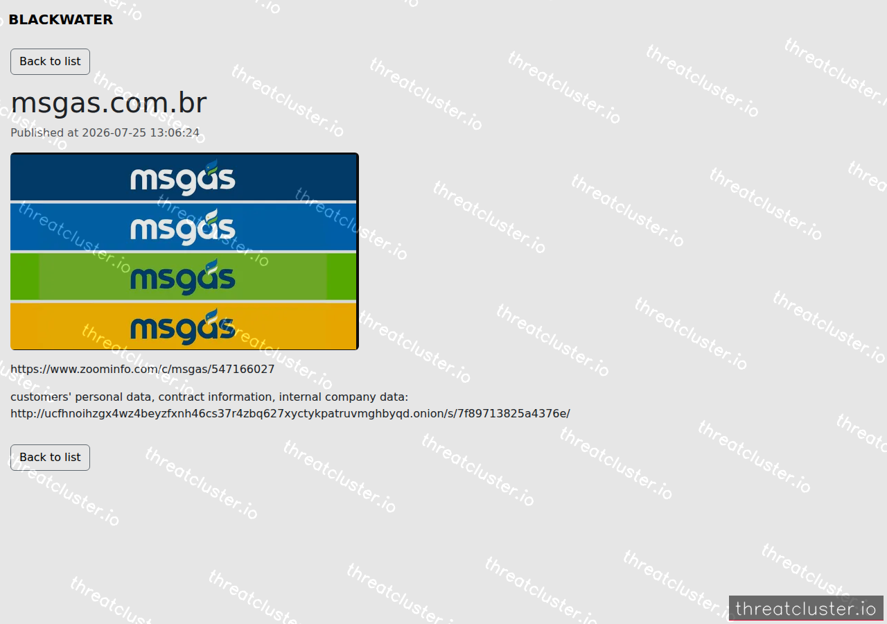 Leak-site post naming msgas.com.br, captured by ThreatCluster