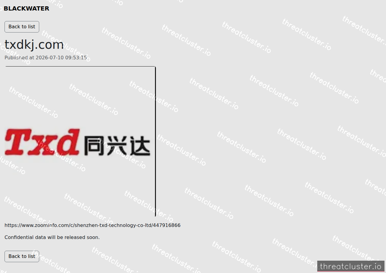 Leak-site post naming txdkj.com, captured by ThreatCluster