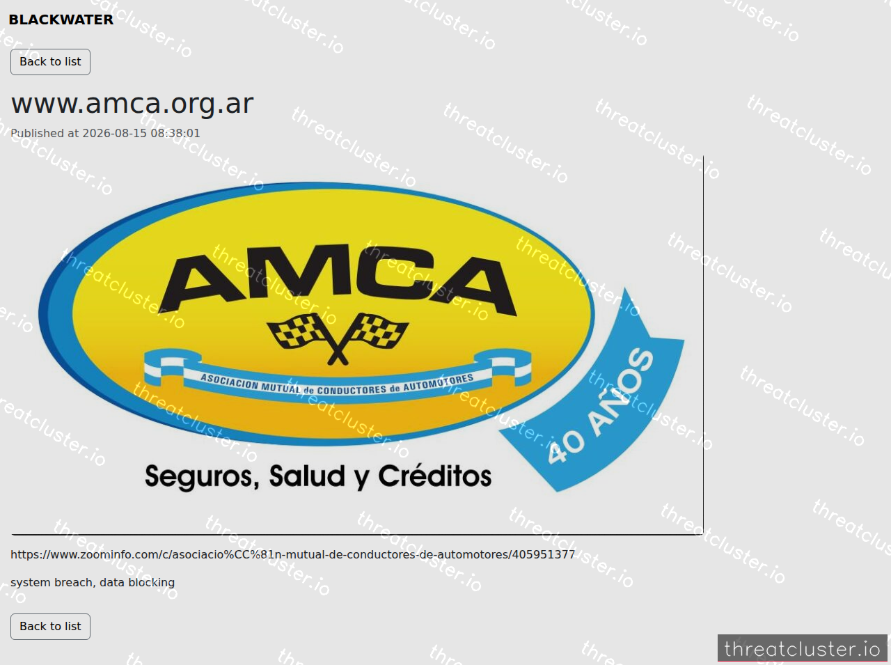 Leak-site post naming www.amca.org.ar, captured by ThreatCluster
