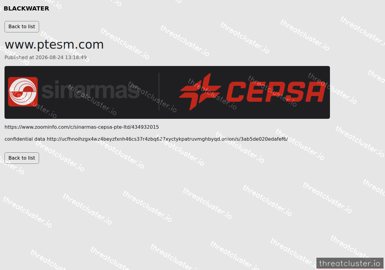 Leak-site post naming www.ptesm.com, captured by ThreatCluster