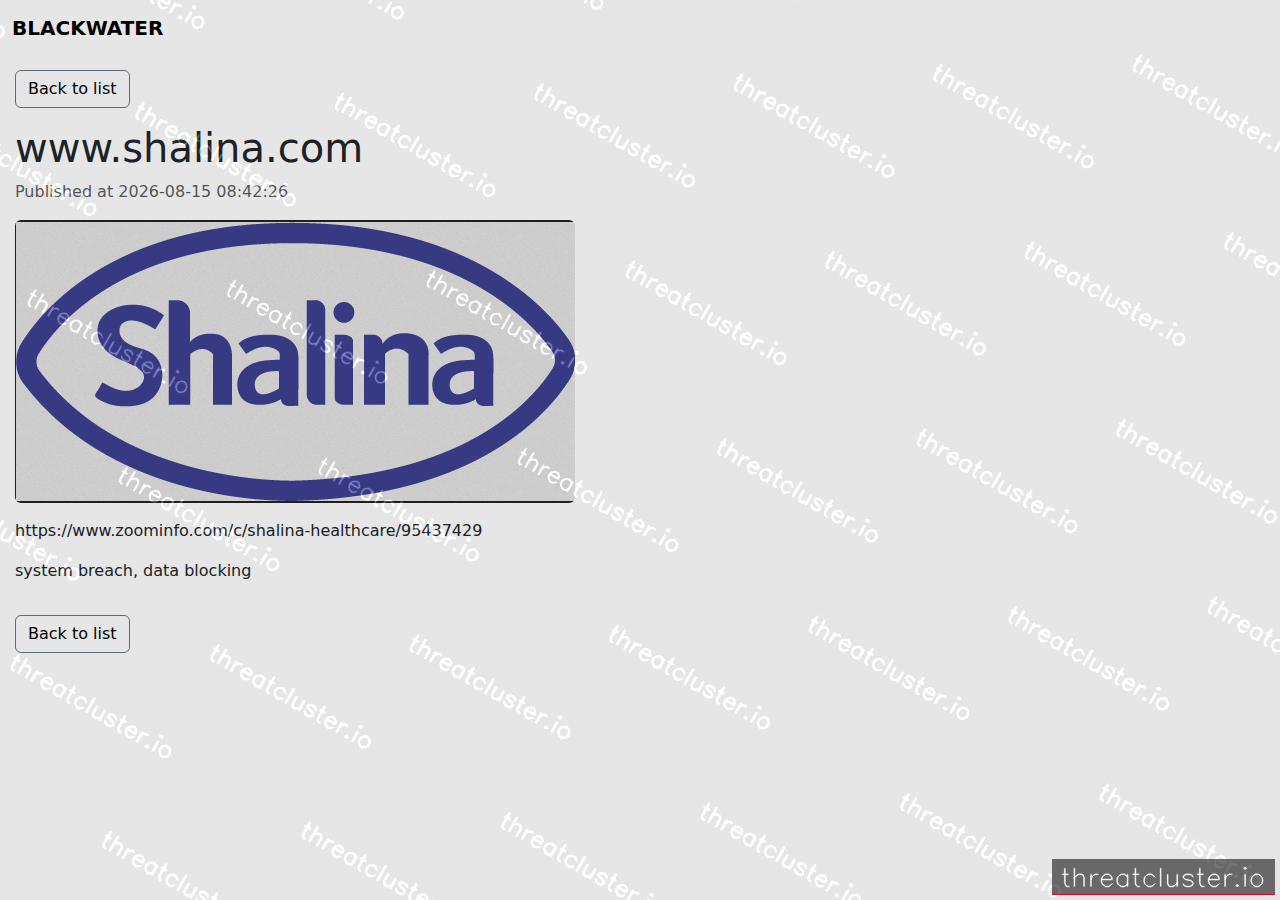 Leak-site post naming www.shalina.com, captured by ThreatCluster