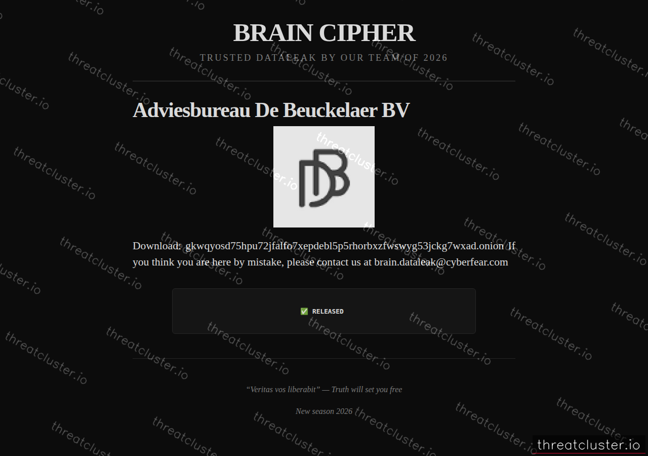 Leak-site post naming Adviesbureau De Beuckelaer BV, captured by ThreatCluster
