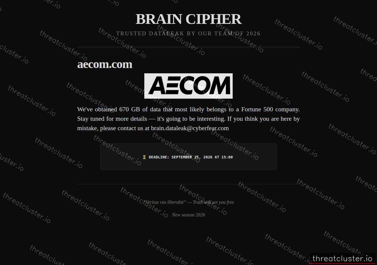Leak-site post naming aecom.com, captured by ThreatCluster