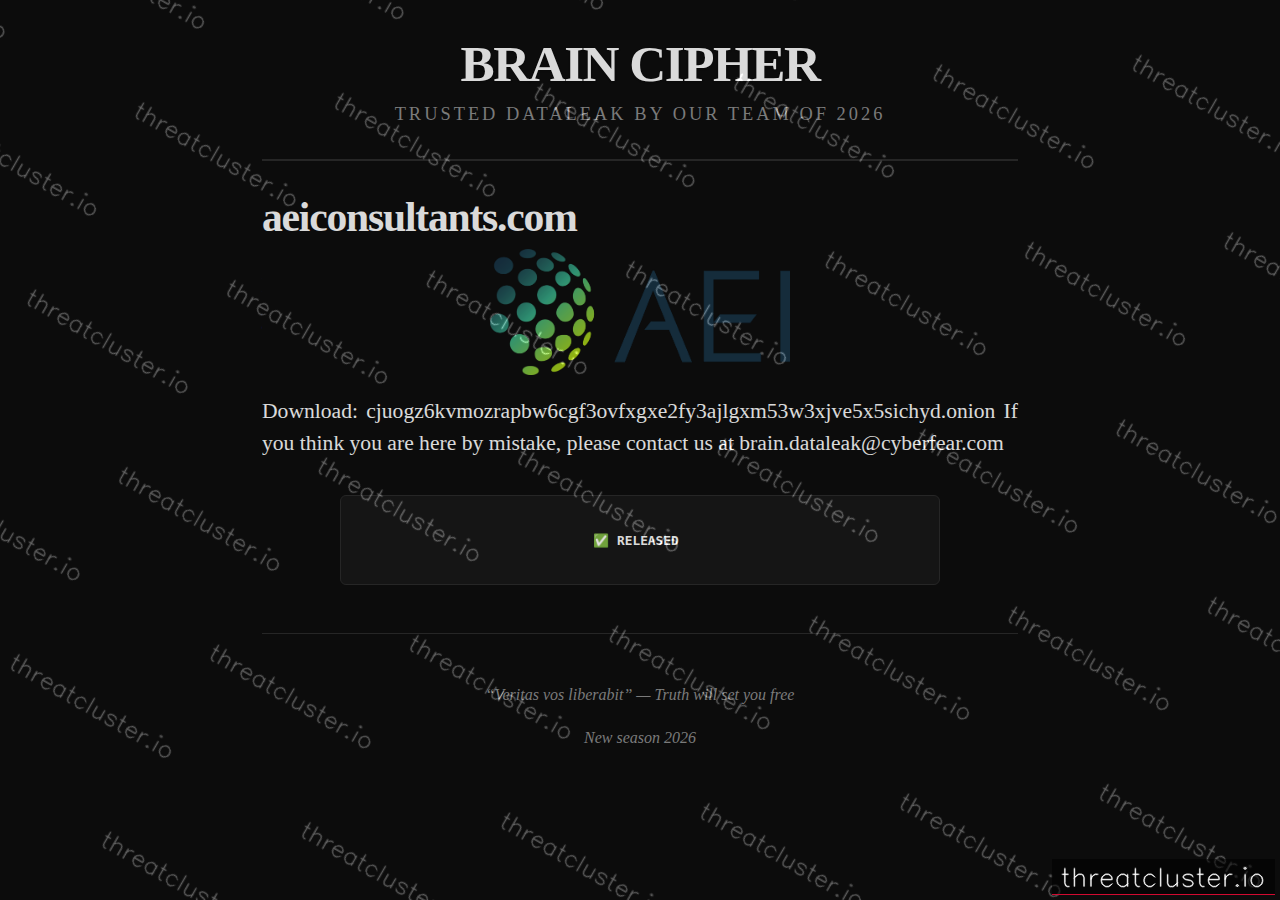 Leak-site post naming aeiconsultants.com, captured by ThreatCluster