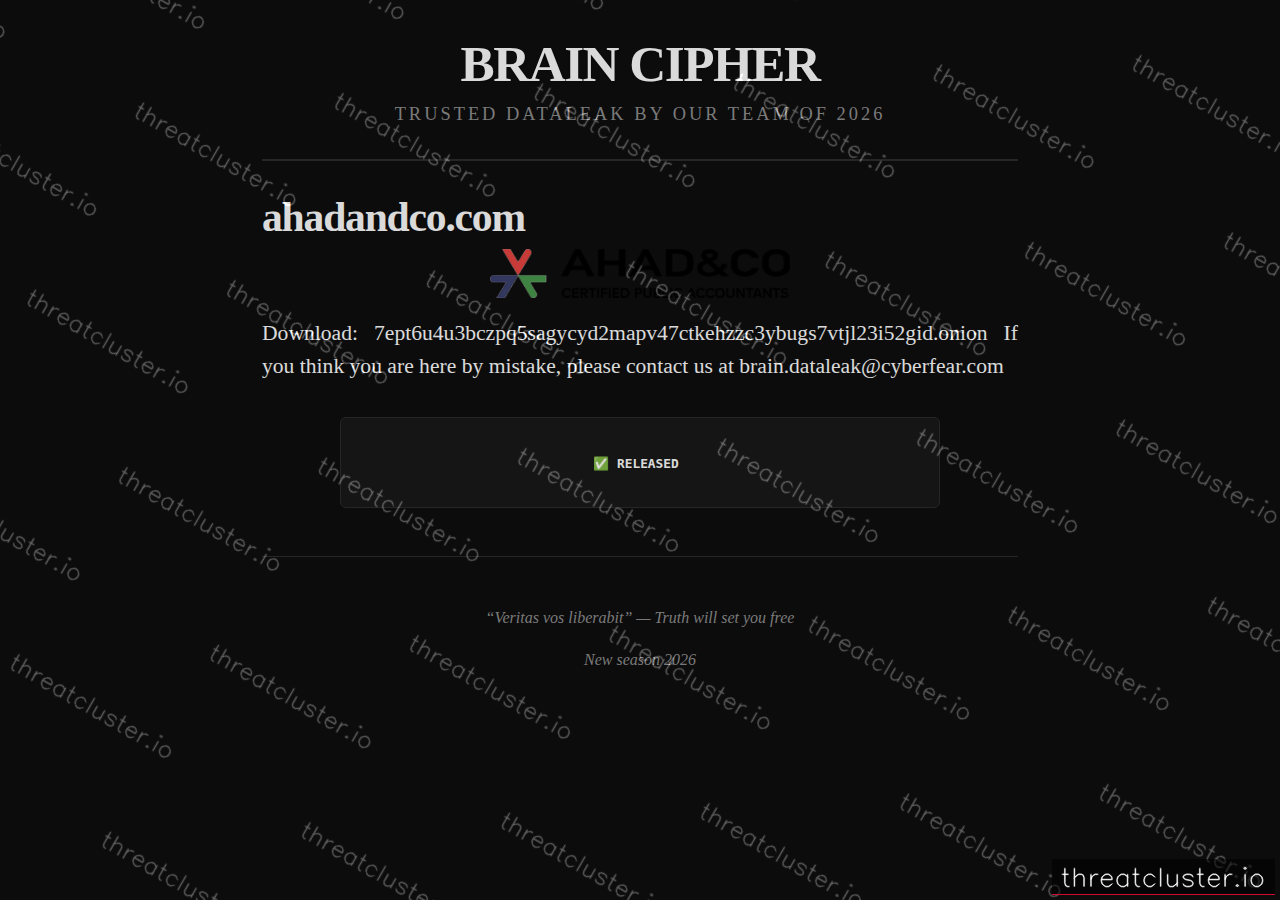 Leak-site post naming ahadandco.com, captured by ThreatCluster
