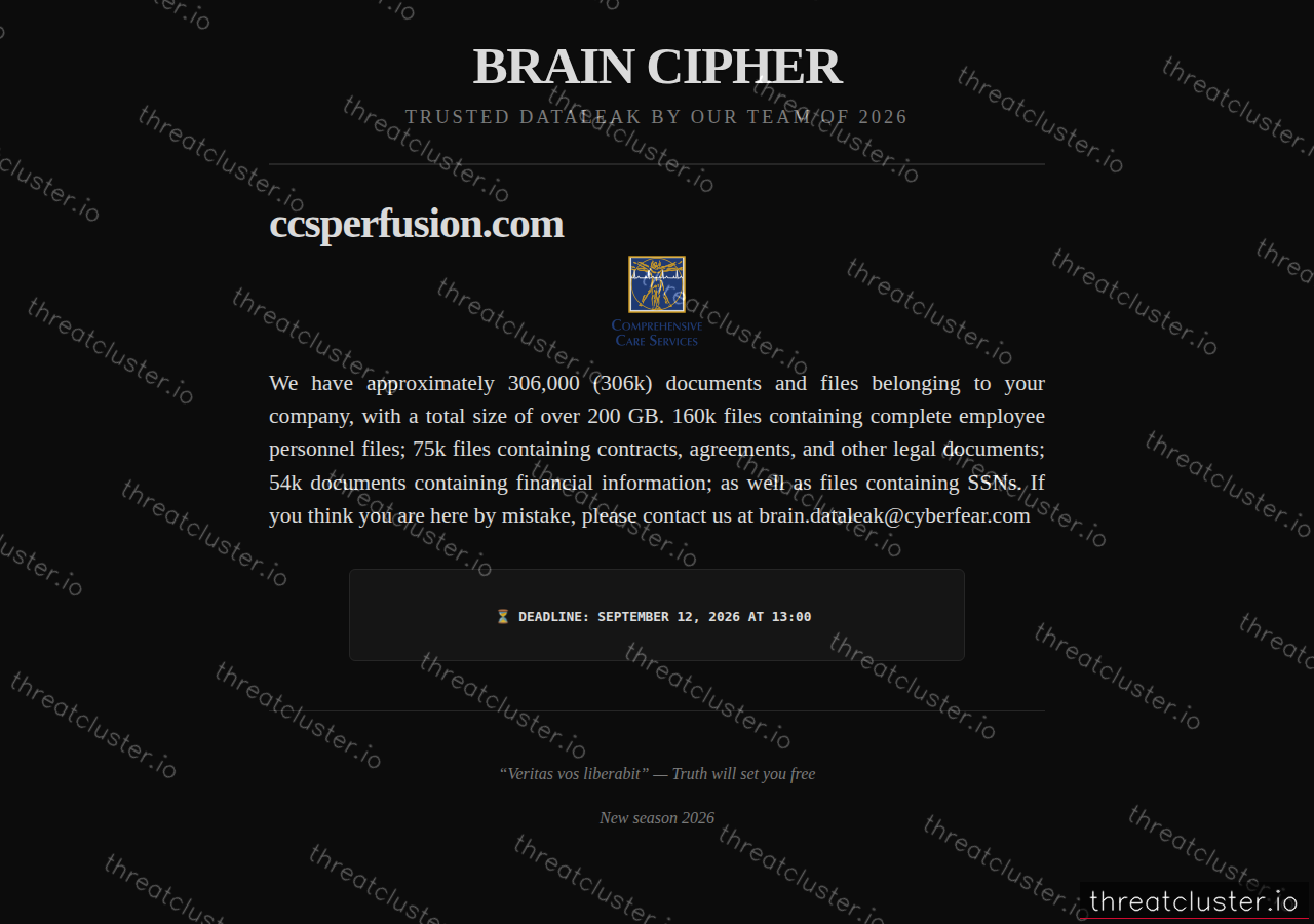 Leak-site post naming ccsperfusion.com, captured by ThreatCluster