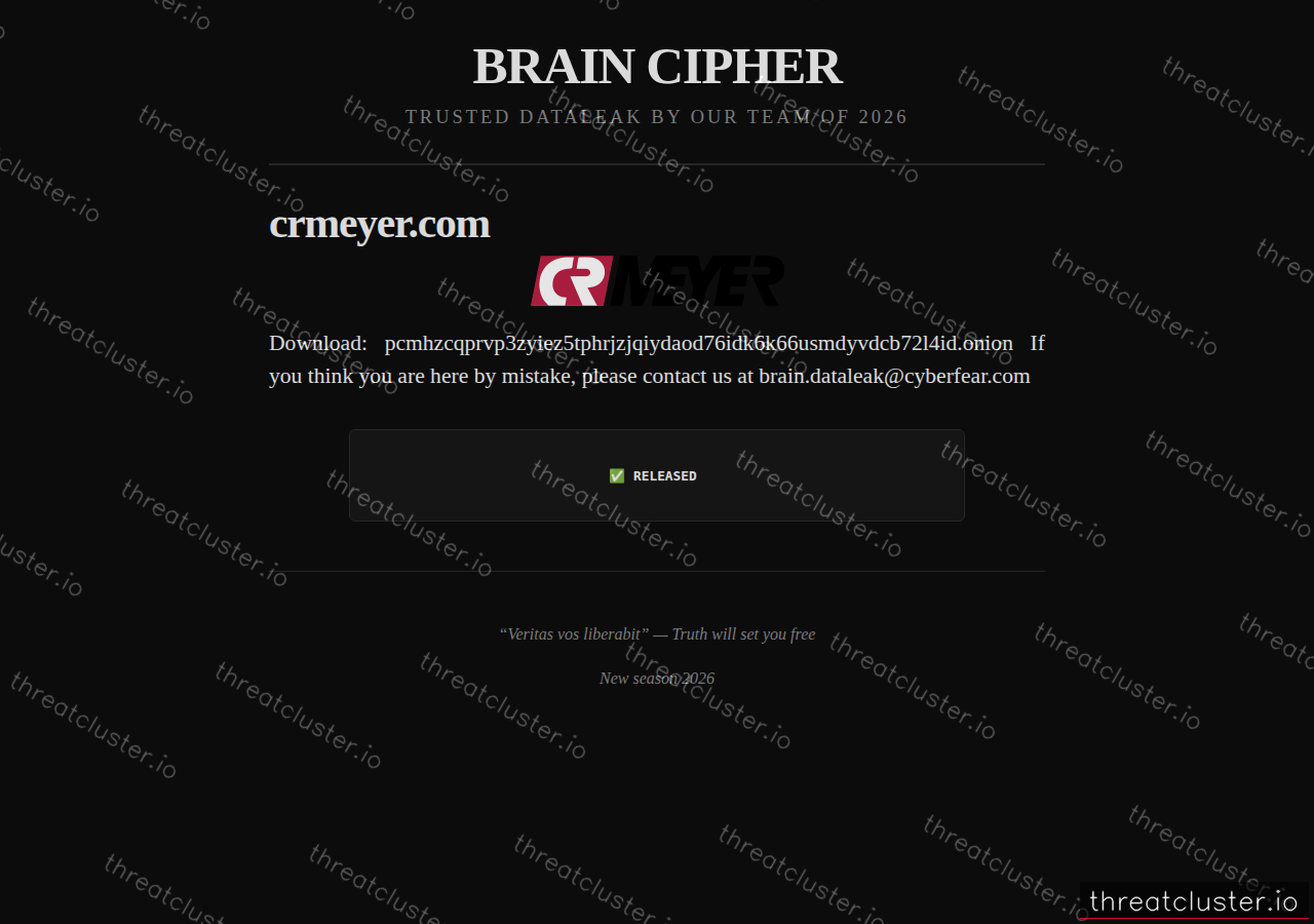 Leak-site post naming crmeyer.com, captured by ThreatCluster