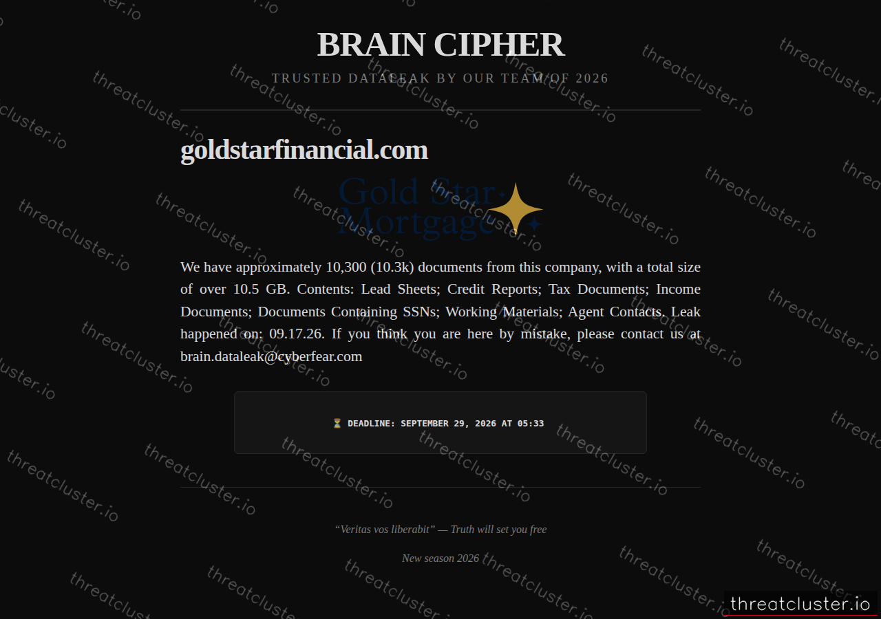Leak-site post naming goldstarfinancial.com, captured by ThreatCluster
