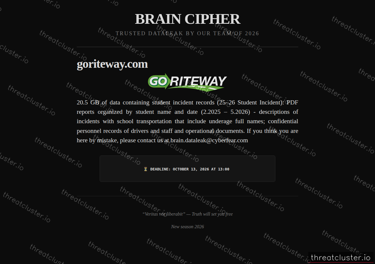 Leak-site post naming goriteway.com, captured by ThreatCluster